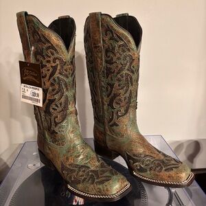 NWT J.B. Dillon Green Bronze Metallic Glitter Cutout Western Cowboy Boots 7.5